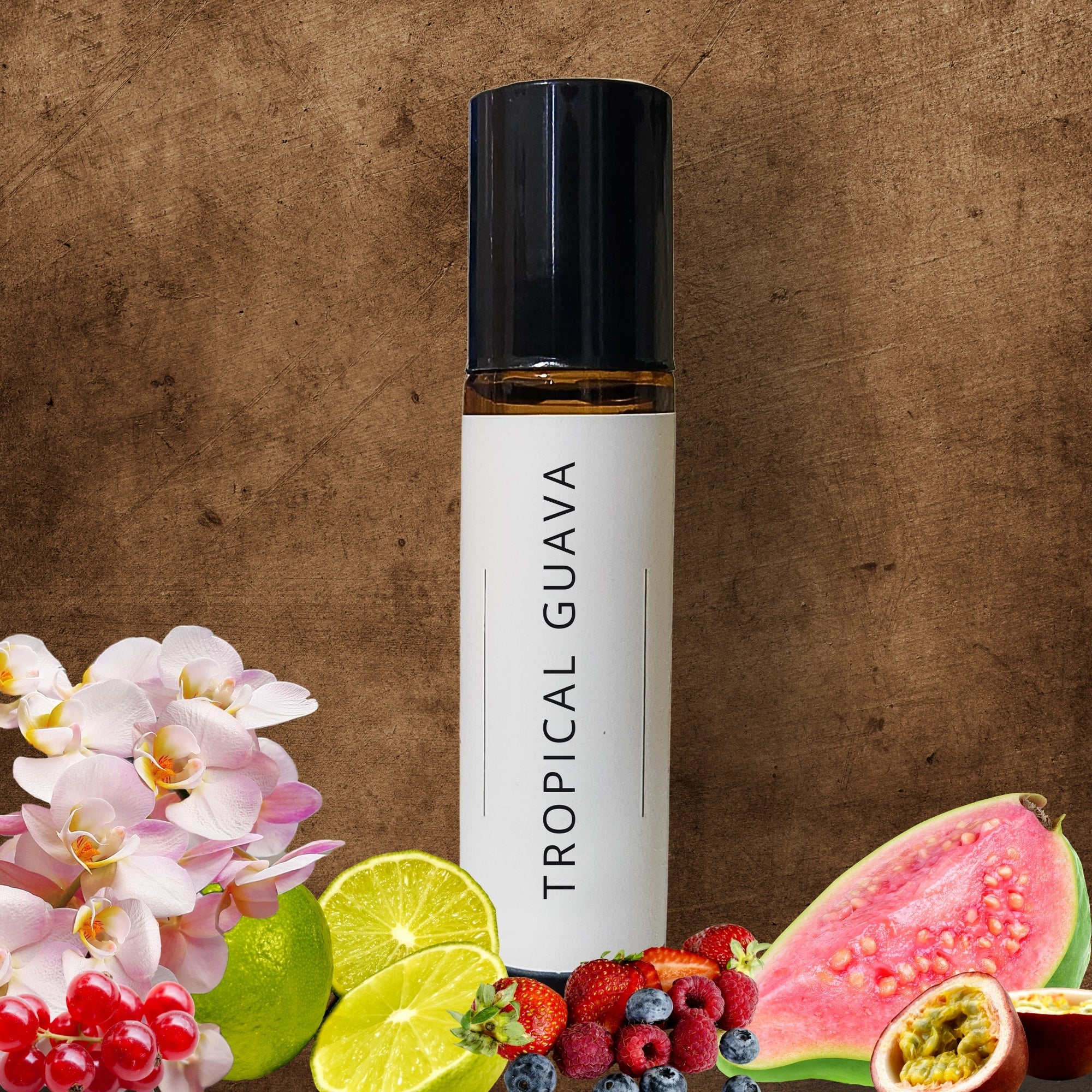 10ml Roll-on bottle labeled 'Tropical Guava' with fruits and flowers on a brown background
