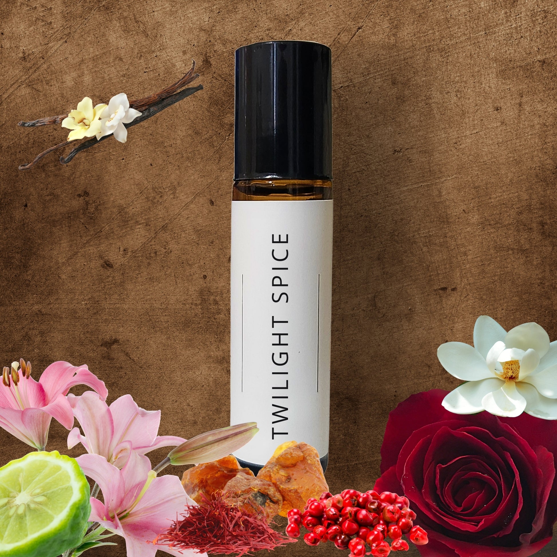 Twilight Spice 10ml rollerball perfume oil with vanilla beans, roses, and other ingredients on a textured brown background